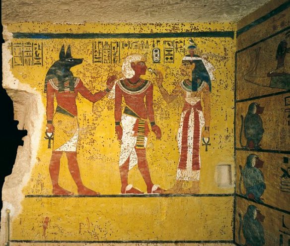 Wall painting of Tutankhamun flanked by Anubis and Hathor